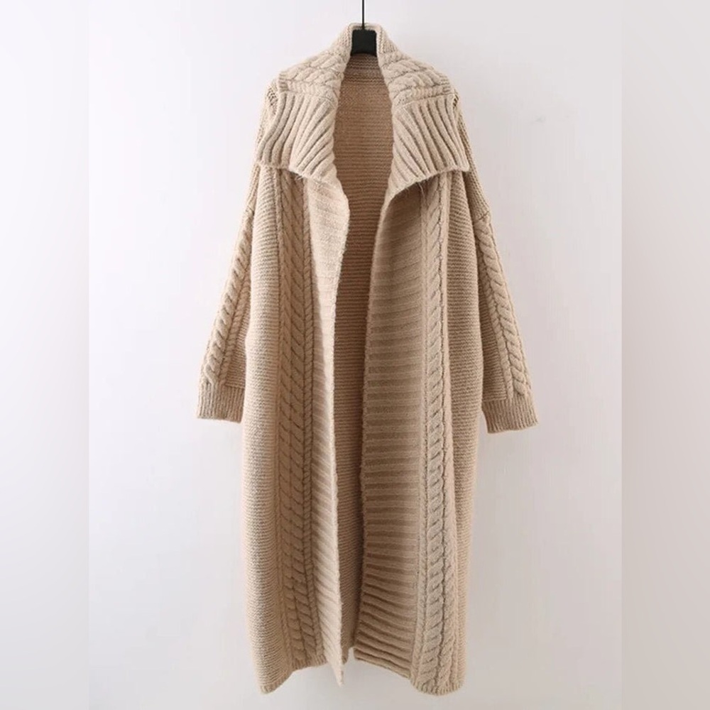 419. MAXI OVERSIZED CHUNKY Tan Cardigan Sweater Long Fuzzy duster S M L XL - Picture 2 of 4